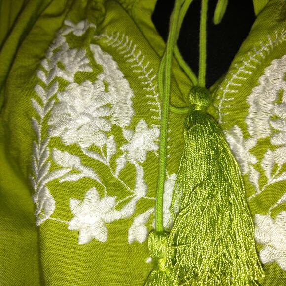 Lime Green Linen Blend Top Women's Blouse 2X Embroidered Tassels Boho Festival - Picture 6 of 16